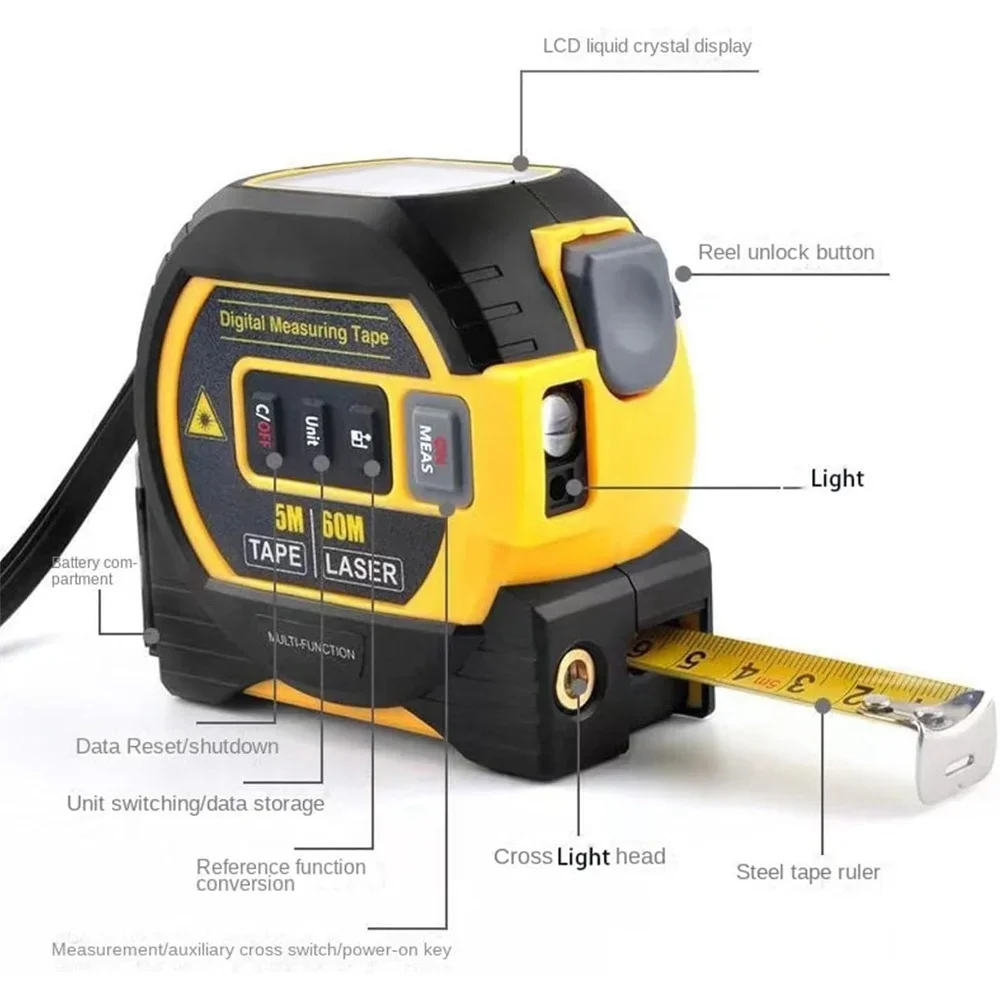 Ruban à mesurer Laser 3 en 1, 40/60M, 5M, 20 stockage de données, affichage LCD avec rétro-éclairage, boîtier ABS, Construction, bricolage, usage domestique