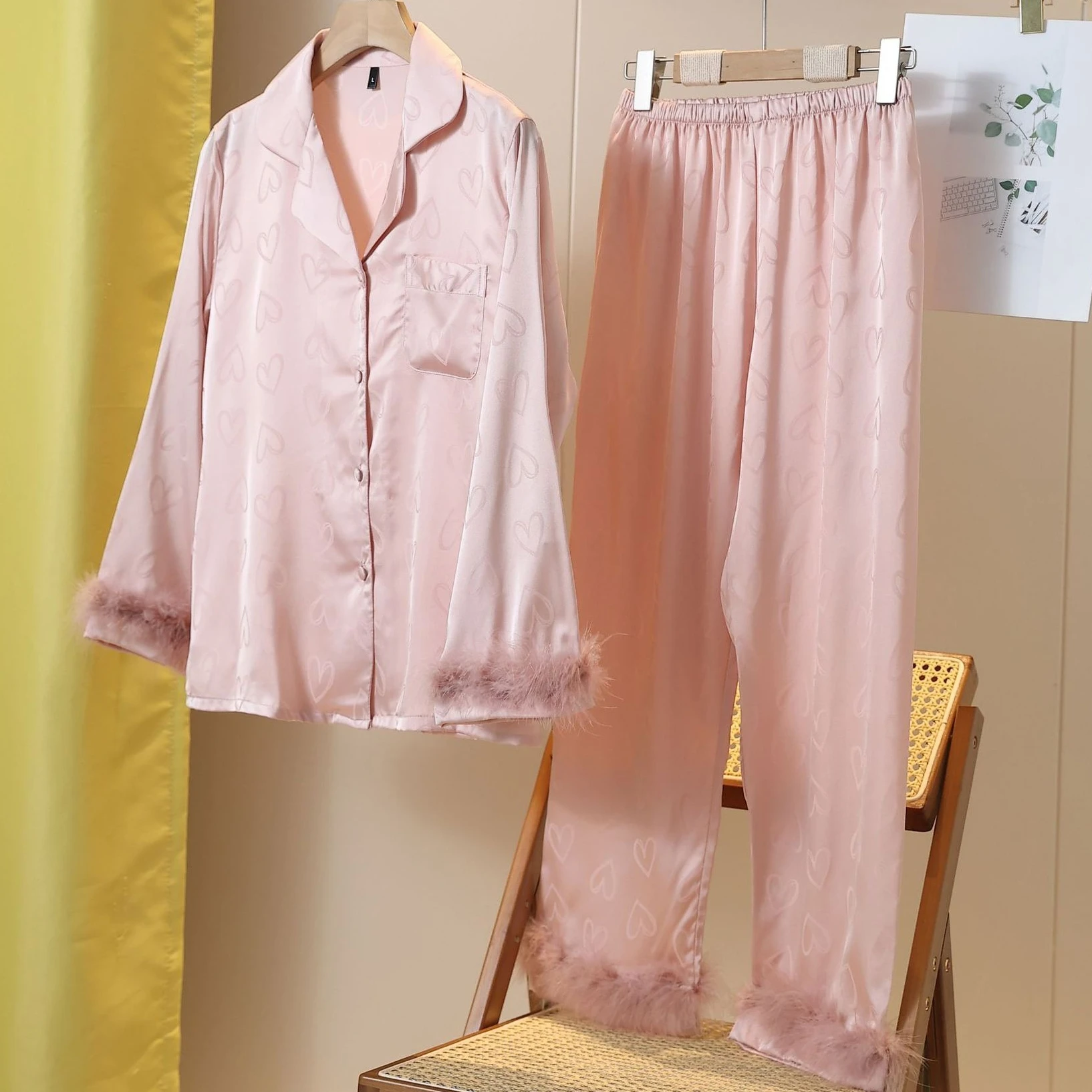 

Комплект пижам Twinset: женская рубашка с отложным воротником и длинным рукавом, брюки, пижамный костюм, весенняя шелковистая атласная одежда для сна, домашняя одежда