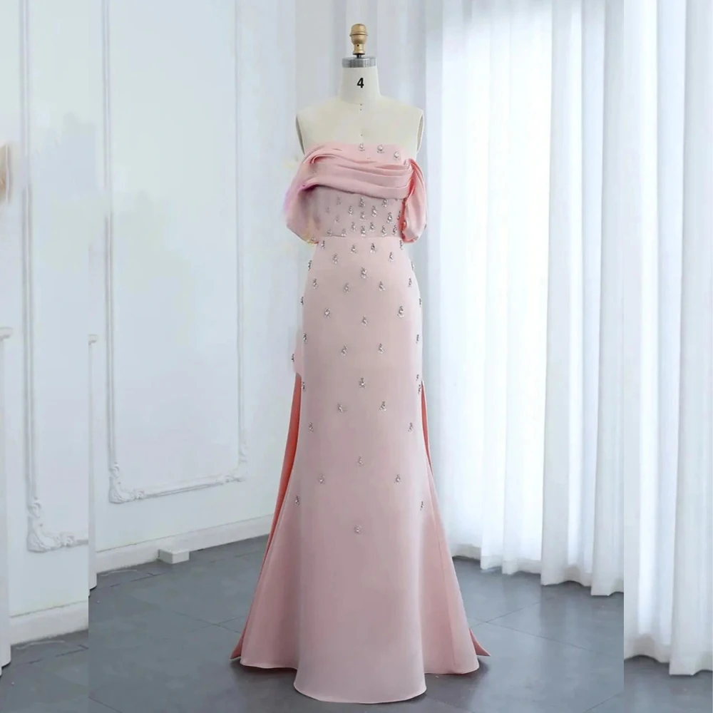 

Pink Evening Dresses Off the Shoulder Sleeveless with Cape Beading Pleat Prom Dress Satin Party Gown Customized robes de soirée