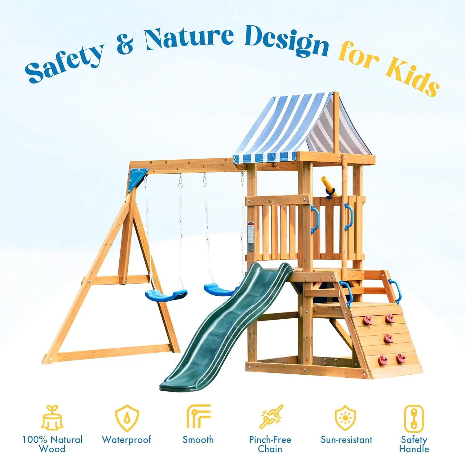 Ensembles de balançoires pour jardin, balançoire en bois, équipement de jeu d'extérieur tout-en-un pour enfants avec deux balançoires, toboggan, mur d'escalade, Bl