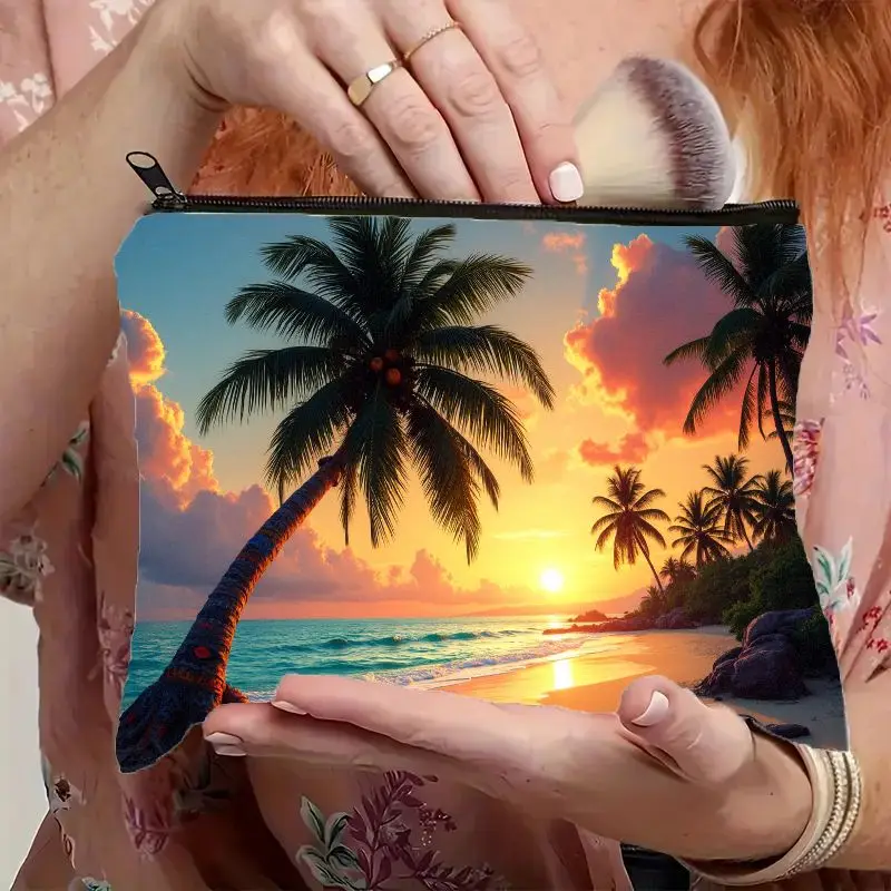 1 Piece Tropical Beach Sunset Print, Vibrant Palm Trees and Ocean Scenery Makeup Bag - Multifunctional Zipper Pouch for Women, Perfect Travel Zipper Storage Bag, Fun Birthday Gift