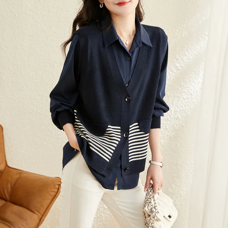 

Двухсекционная рубашка с длинными рукавами для женской весенне-осенней одежды 2024, новый топ, маленький и стильный нишевый и модный