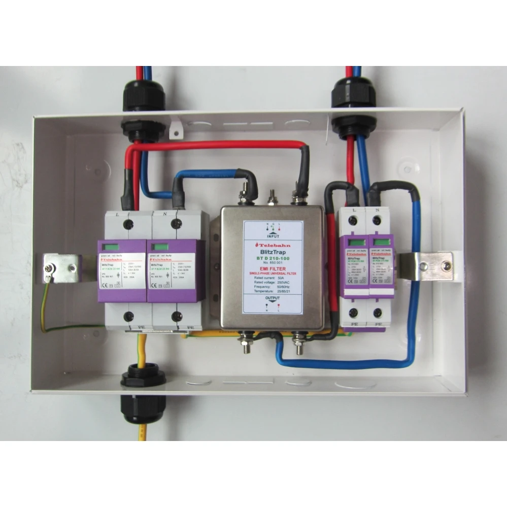 25kA 10/350μs AC SPD 2P lightning surge protector box with suppression filter, suitable for single-phase use