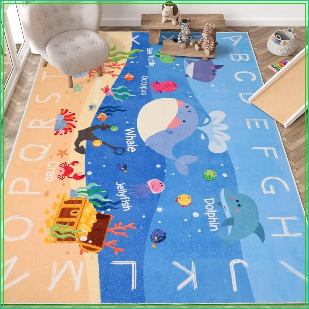 

4'11" x 6'7" ABC Alphabet Whale Play Mat, Non-Slip Washable Rug for Playroom Bedroom