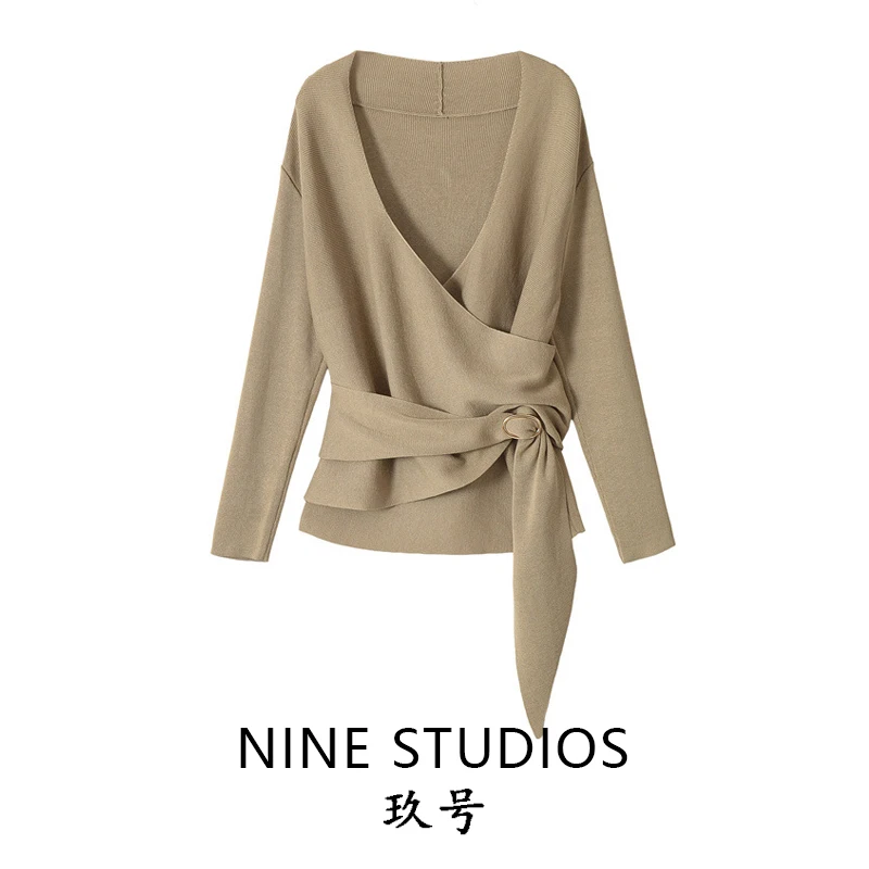 NINE ZAR Women's Knitted Long Sleeve V-Neck Waist-Cinching Cardigan Double-Breasted Euro Style Slim Fit Winter Fashion