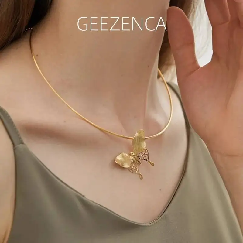 

GEEZENCA S925 Silver 3D Hollow Butterfly Necklace Pendant For Women Designer French Chic Pendants Without Chain 2023 New Gift