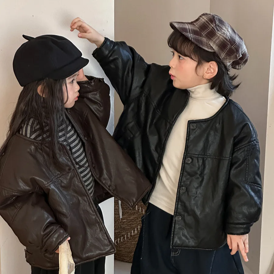

Winter Kids PU Leather Jacket with Padded Lining Unisex Baby Boys Girls Thickened Cotton Coat Toddler Trendy Warm Outdoor Wear