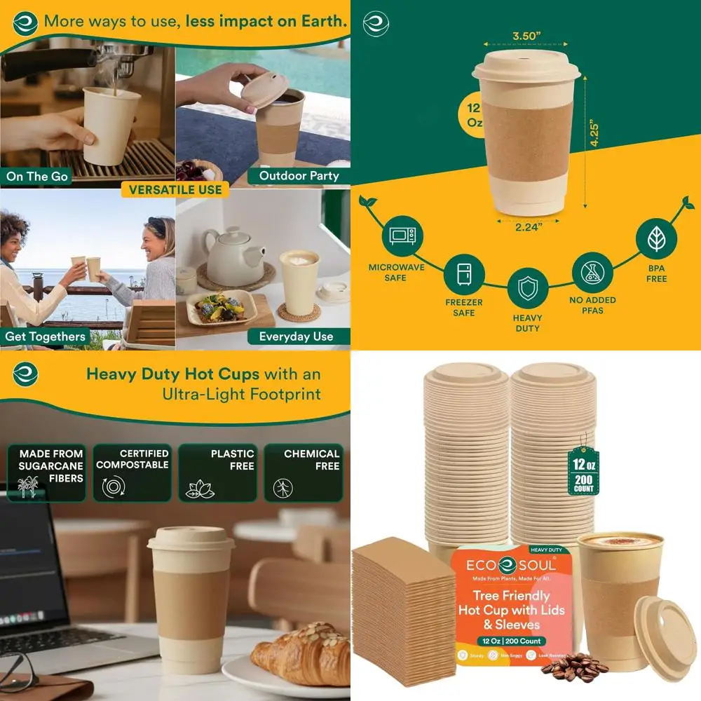 

Экологичные биоразлагаемые кофейные чашки на 12 унций с крышками и рукавами — одноразовые чашки Bagasse для кафе, вечеринок и офисов