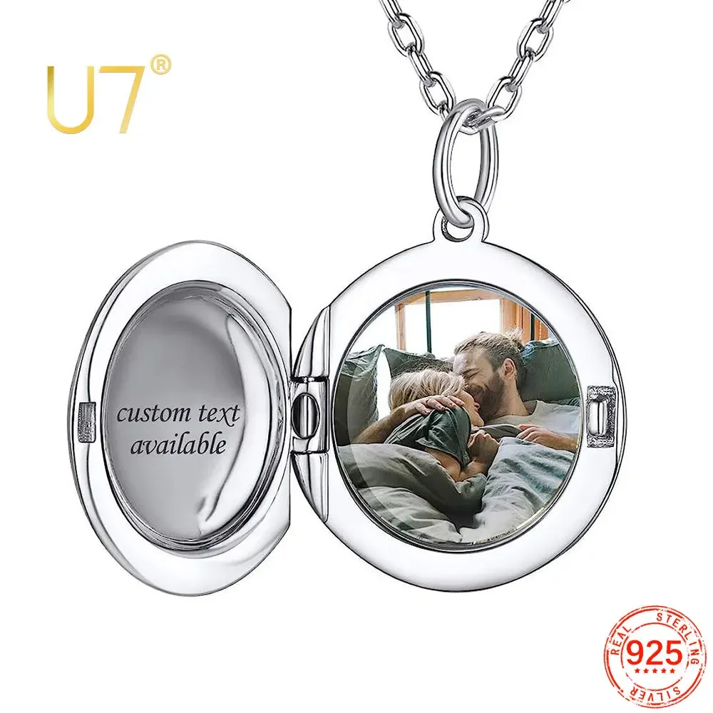 Imagem -02 - Sterling Silver Round Oval Locket Necklace para Mulheres Custom Fotos Memorial Pet Fotos de Família Jóias Personalizadas U7-925