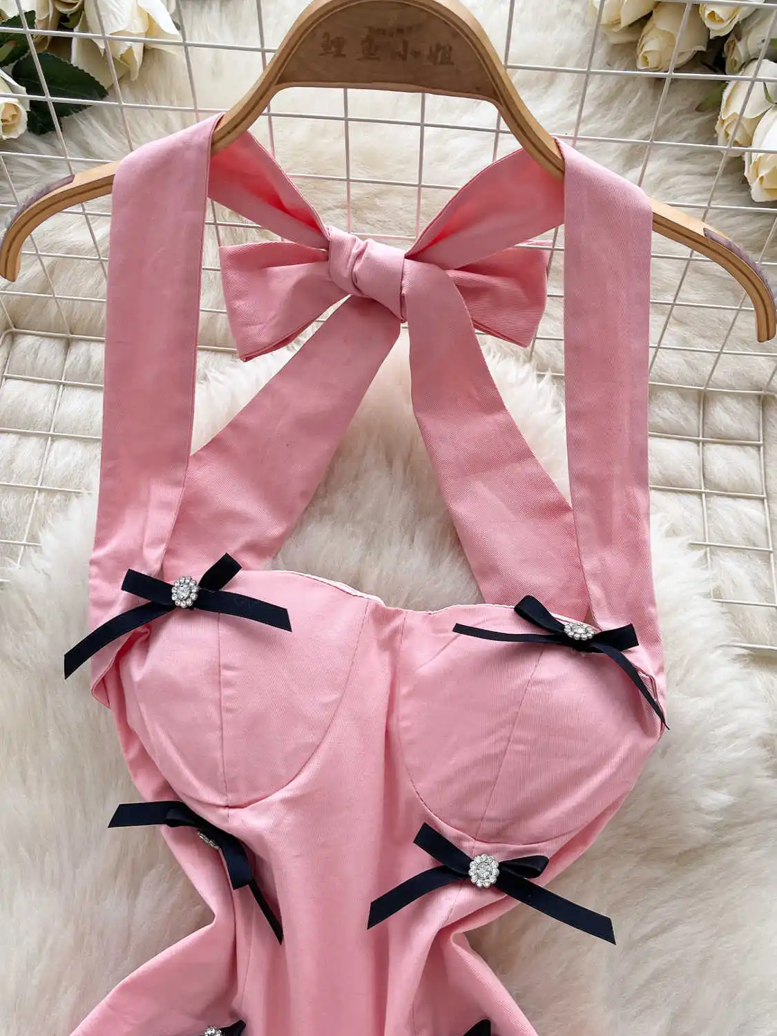 Mini robe moulante à nœud rose pour femmes, Vintage des années 90, élégante, épaules dénudées, col carré, Y2k, frocs une pièce, vêtements d'été 2025