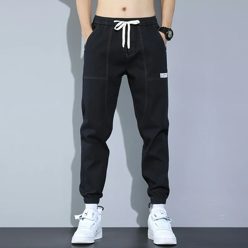 

Men's Worn Streetwear Baggy Wide Leg Jeans Korean Fashion Drawstring Denim Cargo Pants