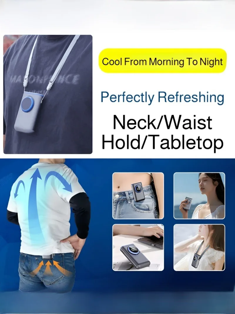 Aluminum Alloy Portable 3-in-1 Desktop and Wearable Fan for Backpack Use with Waist-Hanging Neck-Worn and Tabletop Cooling Modes