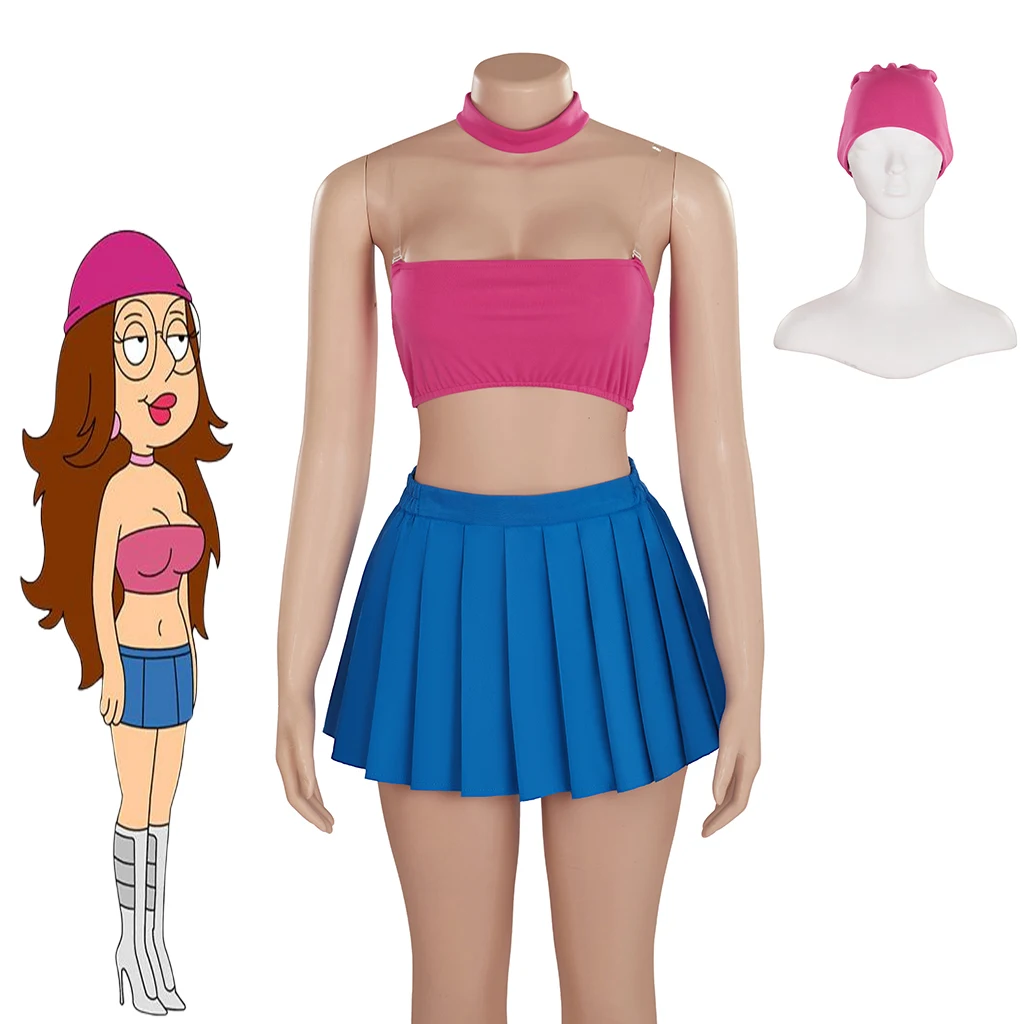 Meg Griffin Cosplay Anime Costume Women Sexy Tube Top Pleated Skirts with Bandana Full Set Halloween Carnival Party Swimwear