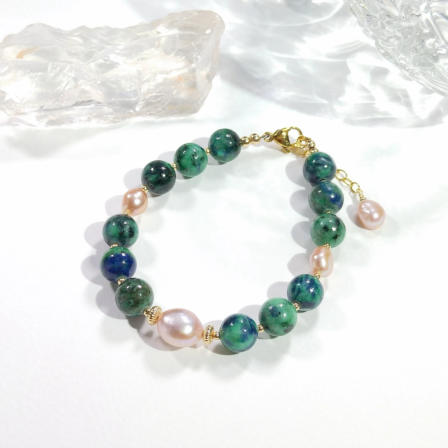 Lii Ji Azurite Malachite Natural Stone Freshwater Pearl Crystal 14K Gold Filled Charms Bracelet Handmade Bohe Fashion Jewelry