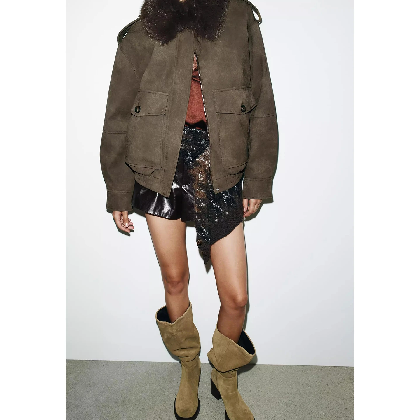 

Autumn Winter New Arrival Women's Casual Sle Long Sve Faux Suede Detachable Collar Jaet Coat Zipper Closure ort Length