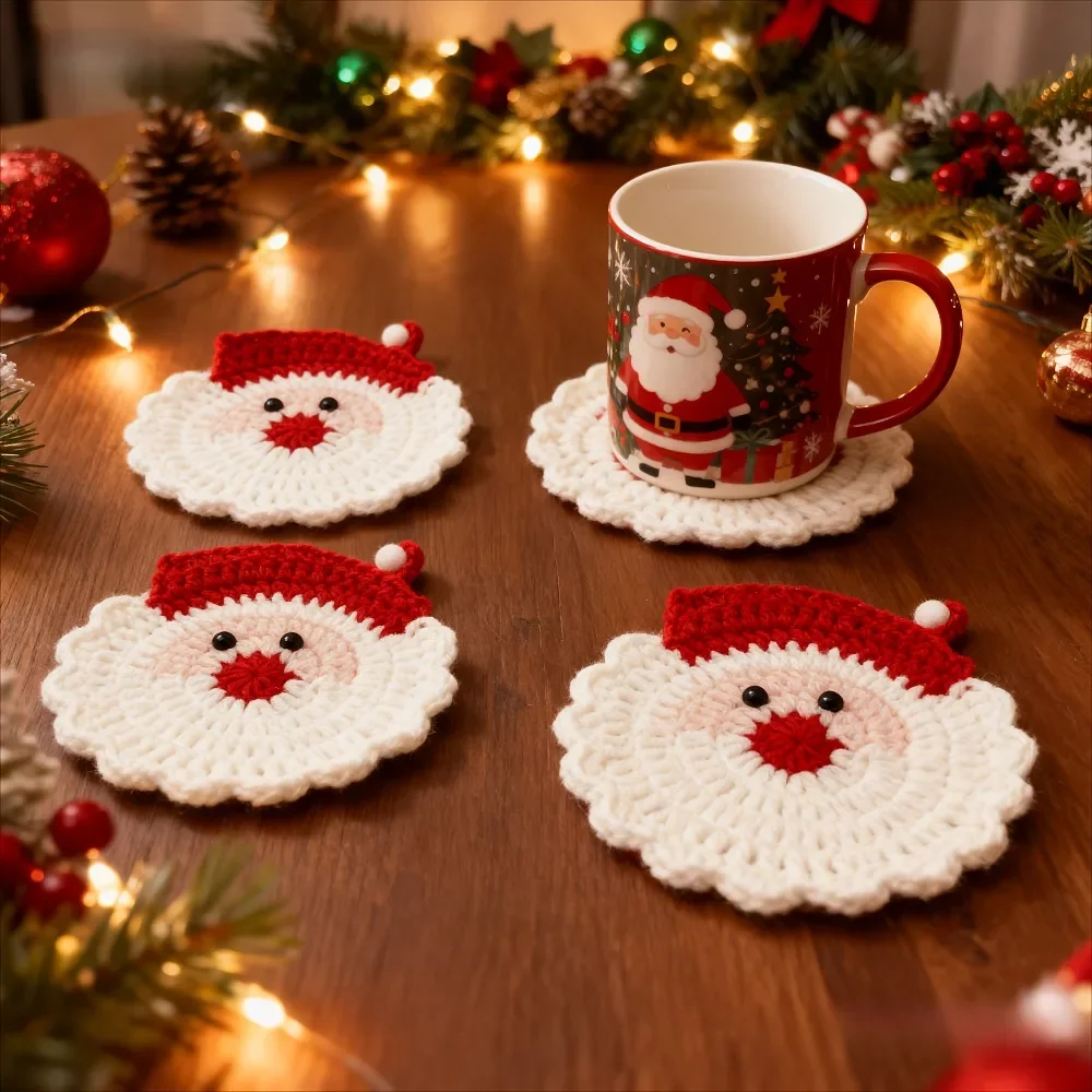Handmade Crochet Santa Claus Coasters Christmas Table Decor Heat Resistant Knitted Cup Mats Holiday Gift for Home Kitchen Coffee Mug