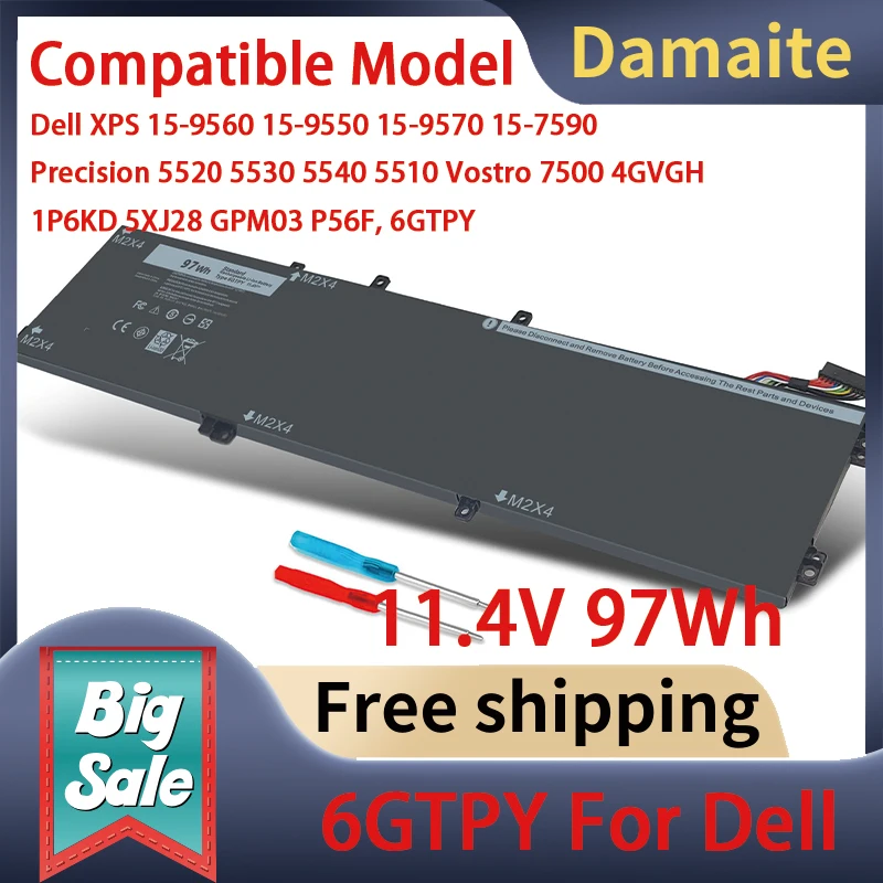 

Damaite 97Wh 6GTPY Battery for Dell XPS 15-9560 15-9550 15-9570 15-7590 Precision 5520 5530 5540 5510 Vostro 7500 4GVGH 1P6KD