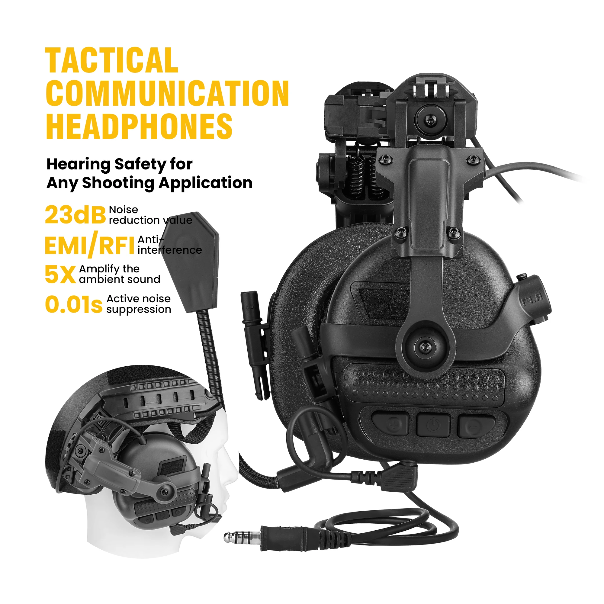 

Tactical Headphones Helmet Compatible PTT Active Noise Cancelling Earmuffs for Military Shooting Hearing Protection