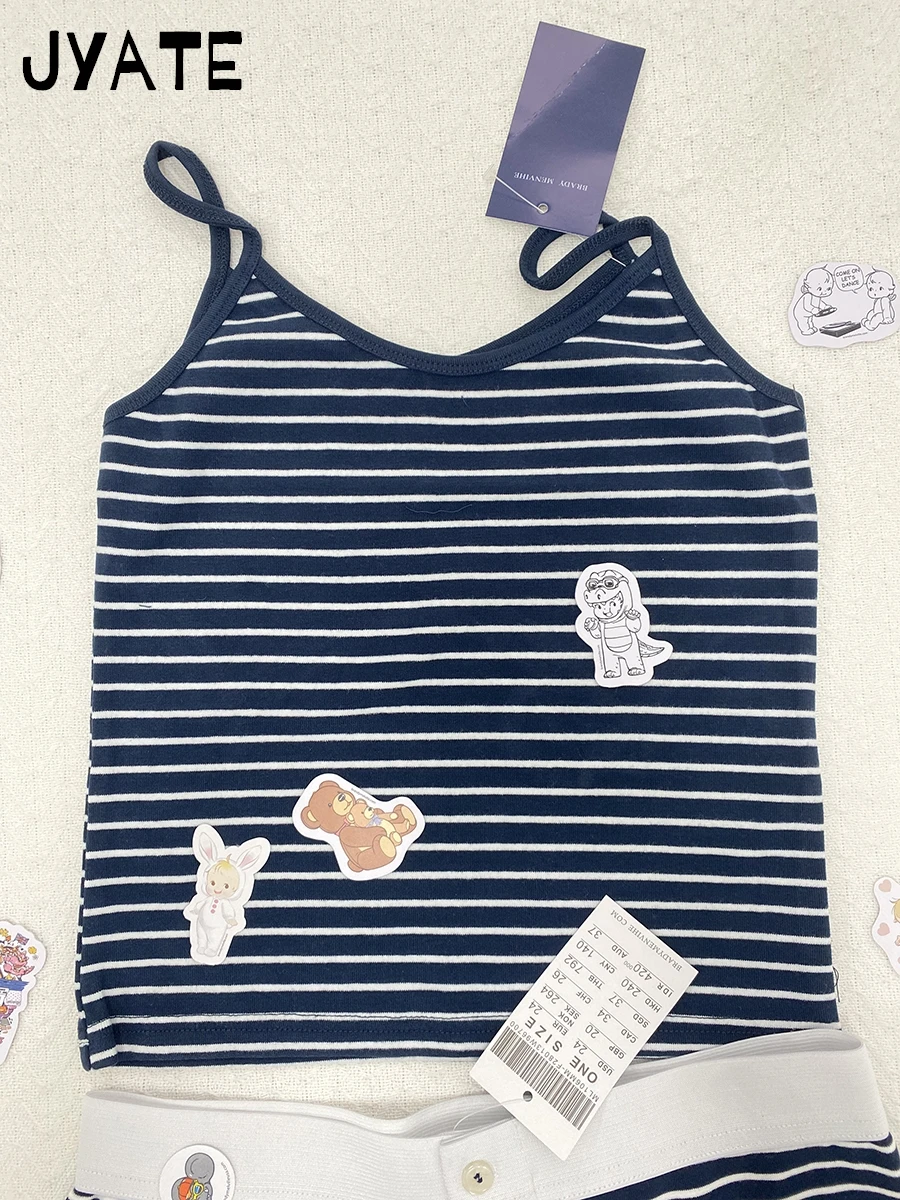 Navy Striped T-shirts Shorts 2 Pieces Set Women New Slim Cotton Soft O-neck Tee+Button Straight Short Pant Sweet Pajama Sets Y2K