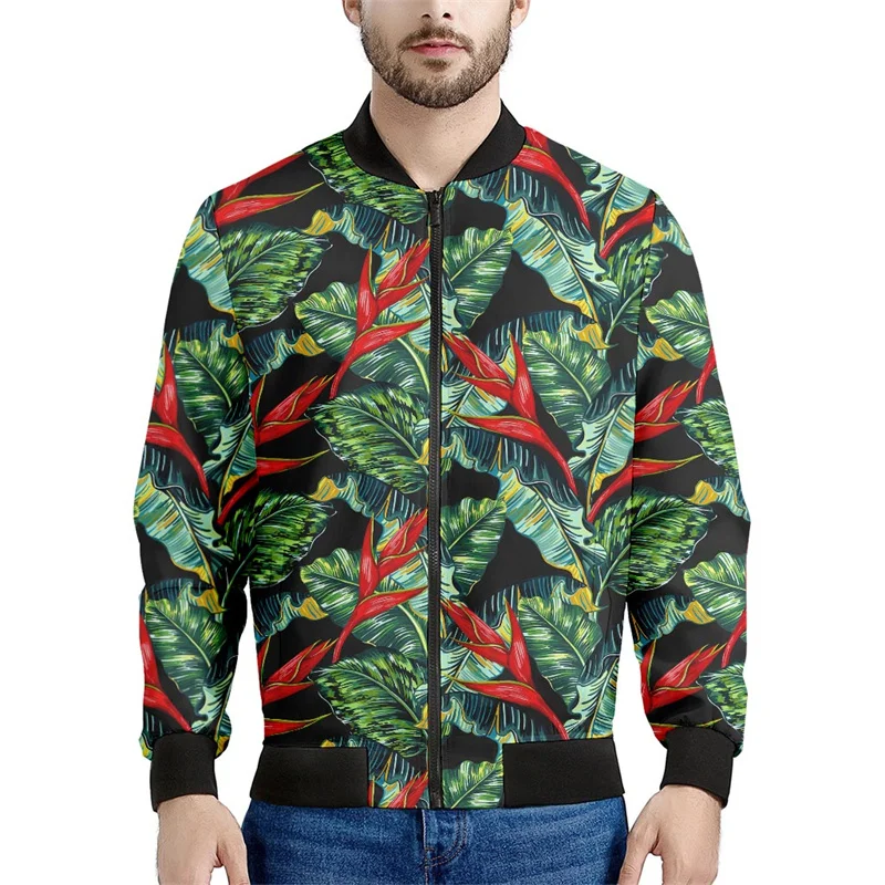 Fashion 3d Printed Hawaiian Flower Zipper Jacket Men Tropic Plants Pattern Sweatshirts Tops Long Sleeves Oversized Bomber Coats