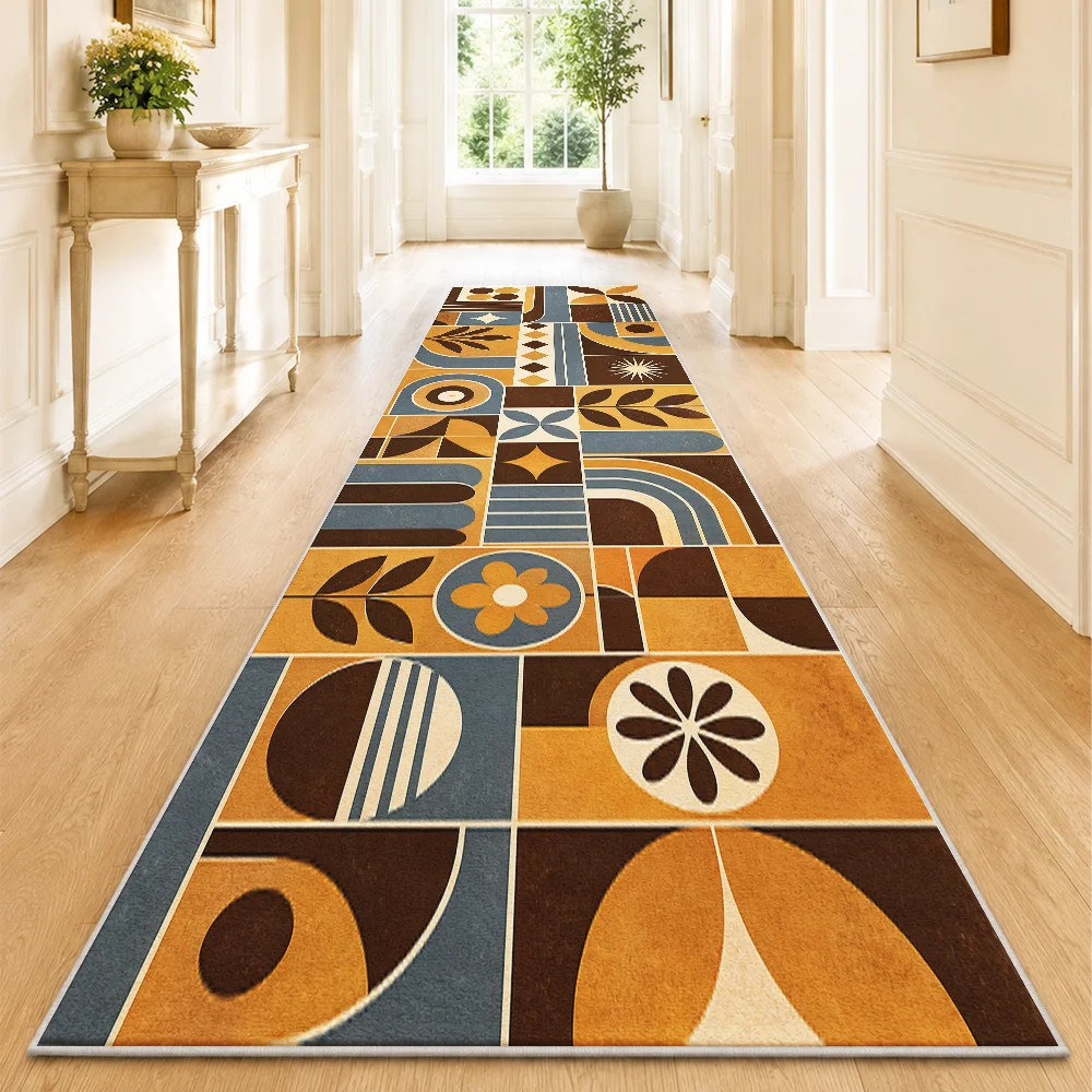 Mid Century Modern Geometric Floral Runner Rug  Retro Orange Blue Abstract Block Print Non Slip Hallway Long Floor Mat