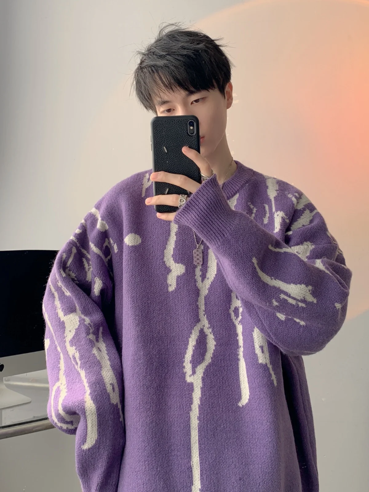 

Oversize Lazy Sle Men's round Ne Dyed Sweater Spring Autumn Faion Brand Knitted Coat Loose Fit Long Sve Polyester