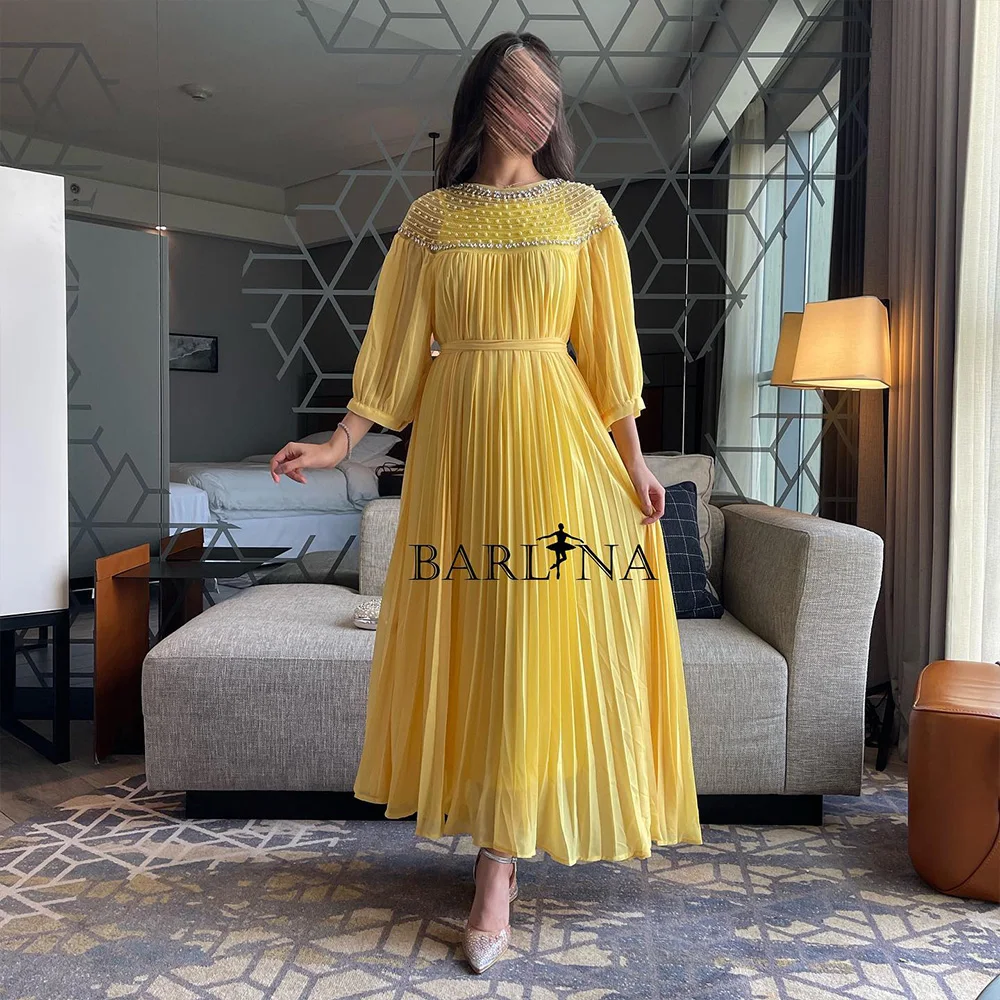 Abiti da sera in Chiffon giallo A Line per donna manica lunga O collo perle perline abito da ballo di lusso abiti formali alla caviglia