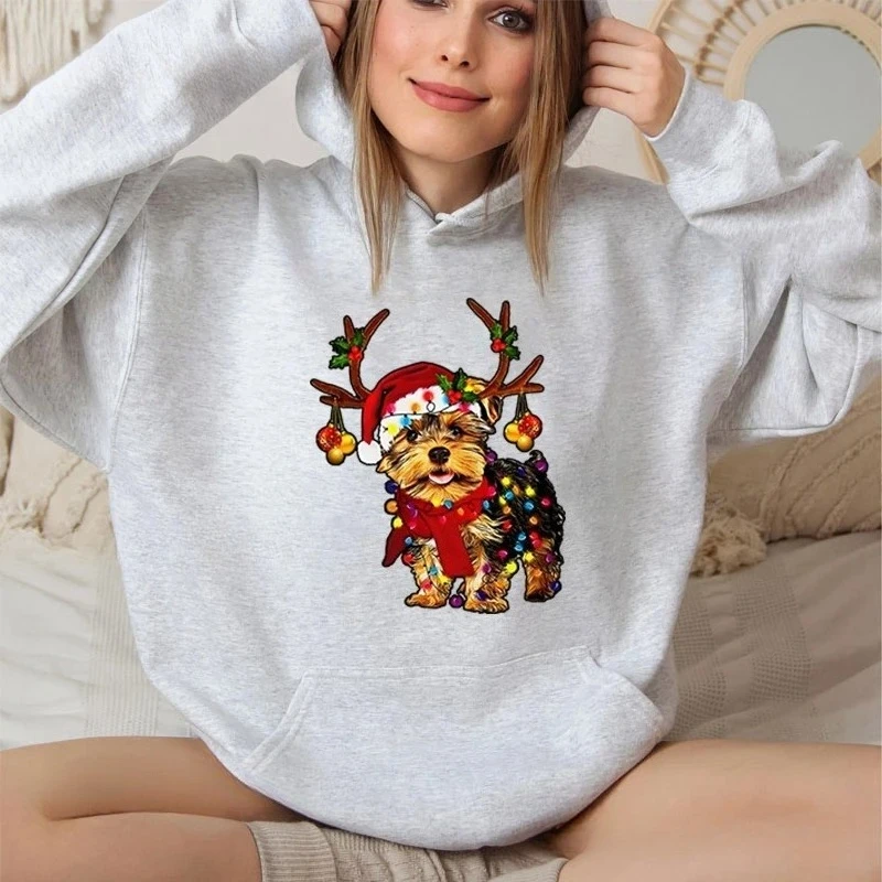 Noël renne Yorkshire chien imprimé Woomen sweats à capuche décontracté mode tendance sweat à capuche polaire à manches longues à capuche sweats de noël