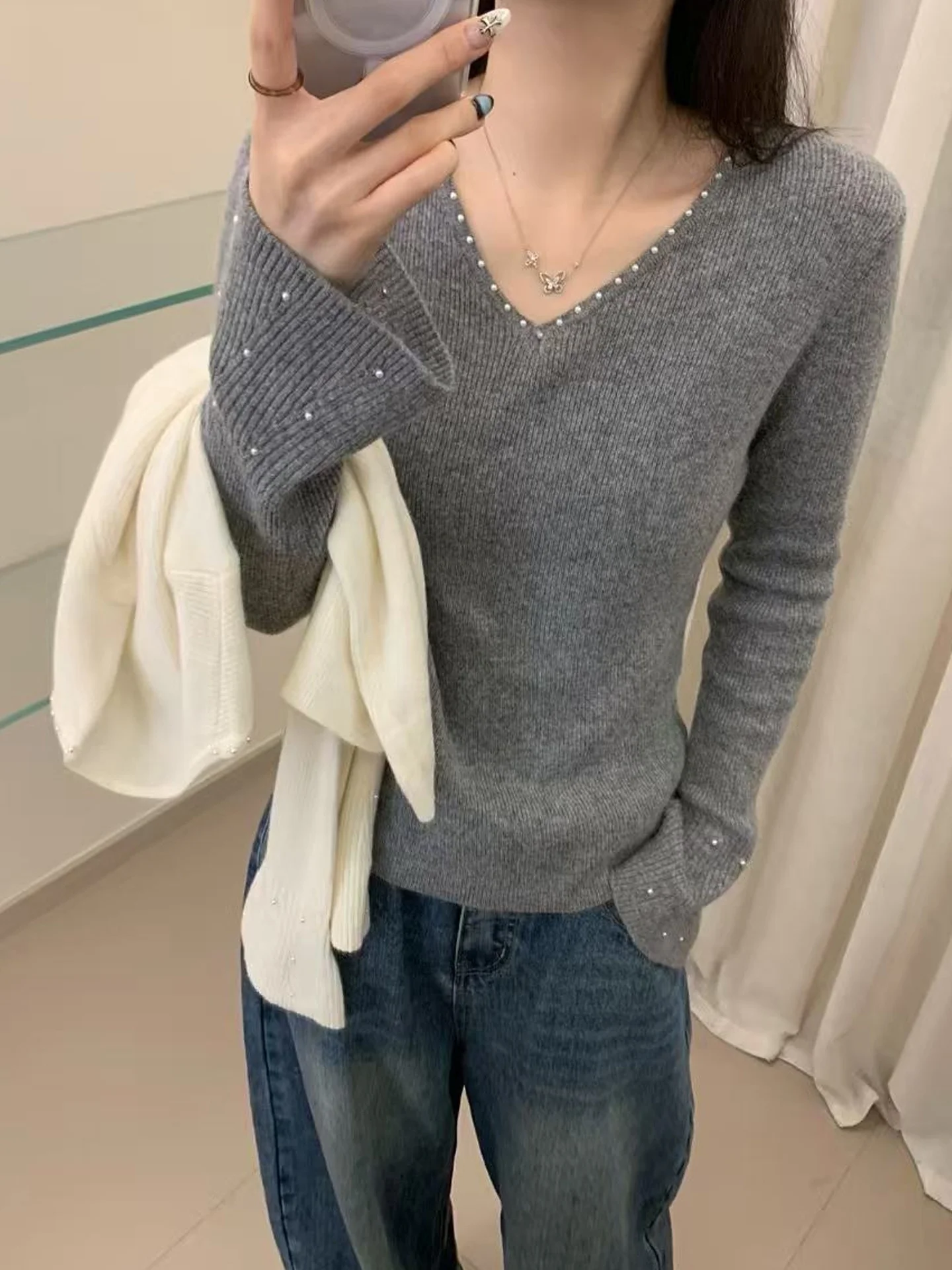 ملابس محبوكة متعددة الاستخدامات بتصميم نحيف، سترة كشمير أنيقة بياقة على شكل V وأكمام طويلة، أزياء شتوية عصرية على الطراز الكو... #3