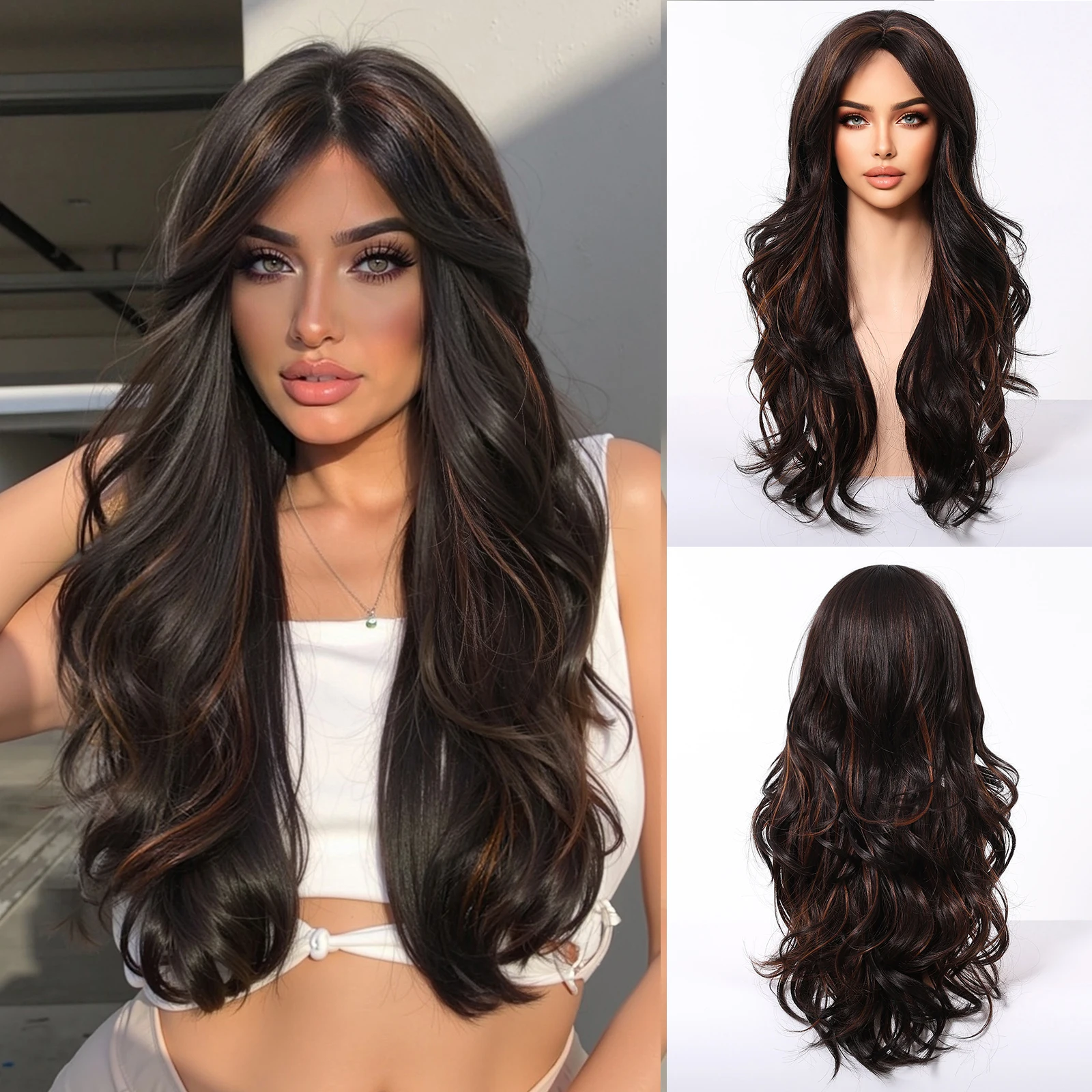 ALAN EATON Black Brown Highlight Long Wavy Synthetic Wigs for Women Natural Hair Wigs Middle Part Heat Resistant Fiber Daily Use