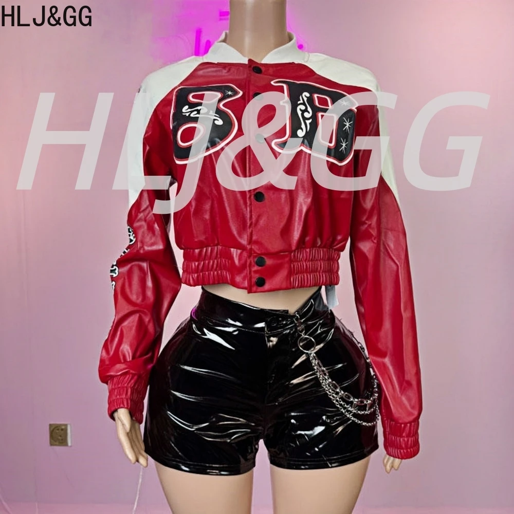 

HLJ&GG Fashion Letter Print Leather Jacket Two Piece Sets Women V Neck Button Long Sleeve Crop Top And Shorts Outfit Streetwear