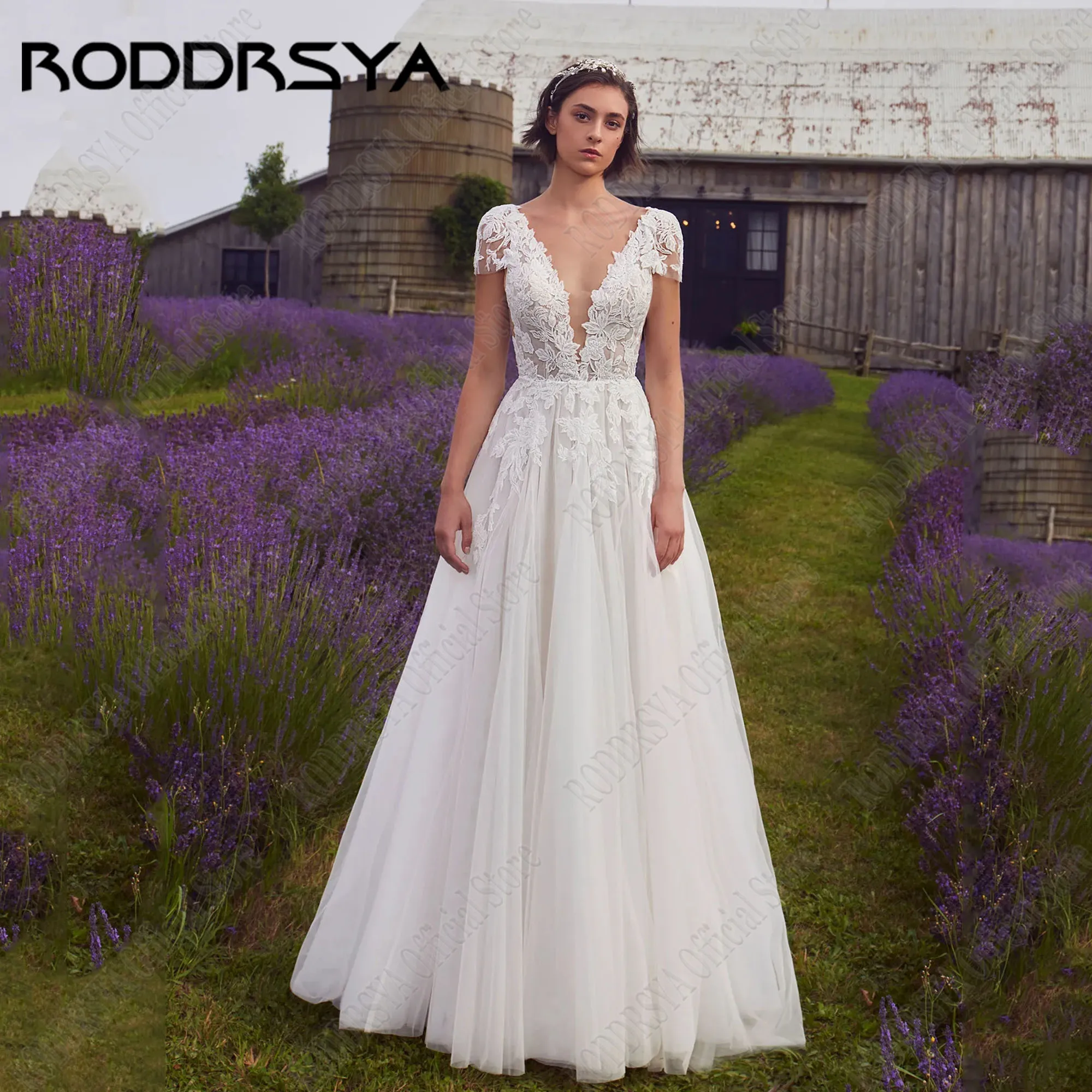 RODDRSYA-Vestidos De Novia De encaje con escote en V profundo, Vestidos De Novia De manga corta con Espalda descubierta, apliques De tul, línea A