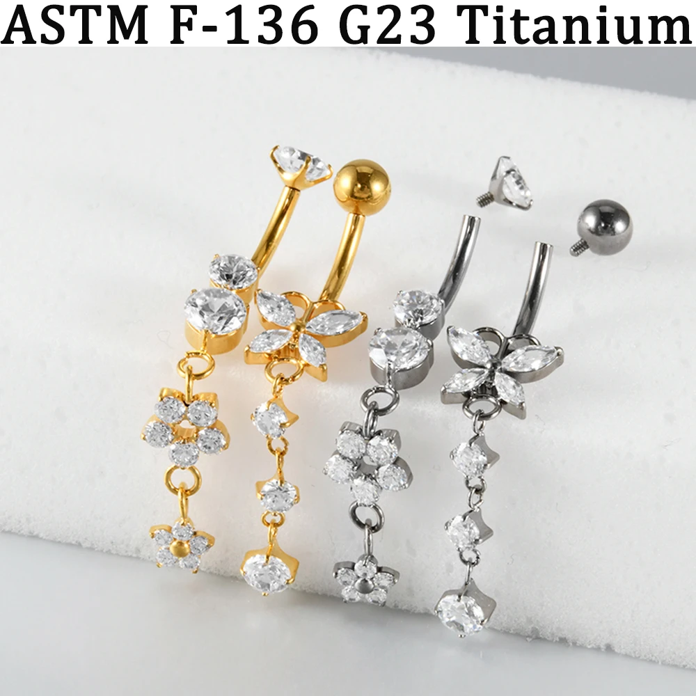5/1 Stück CZ Marquise Schmetterling & Blumen Zirkonia Bauchnabelpiercing 14G G23 Massives Titan Innengewinde Bauchnabelpiercing Ring – Detail 2