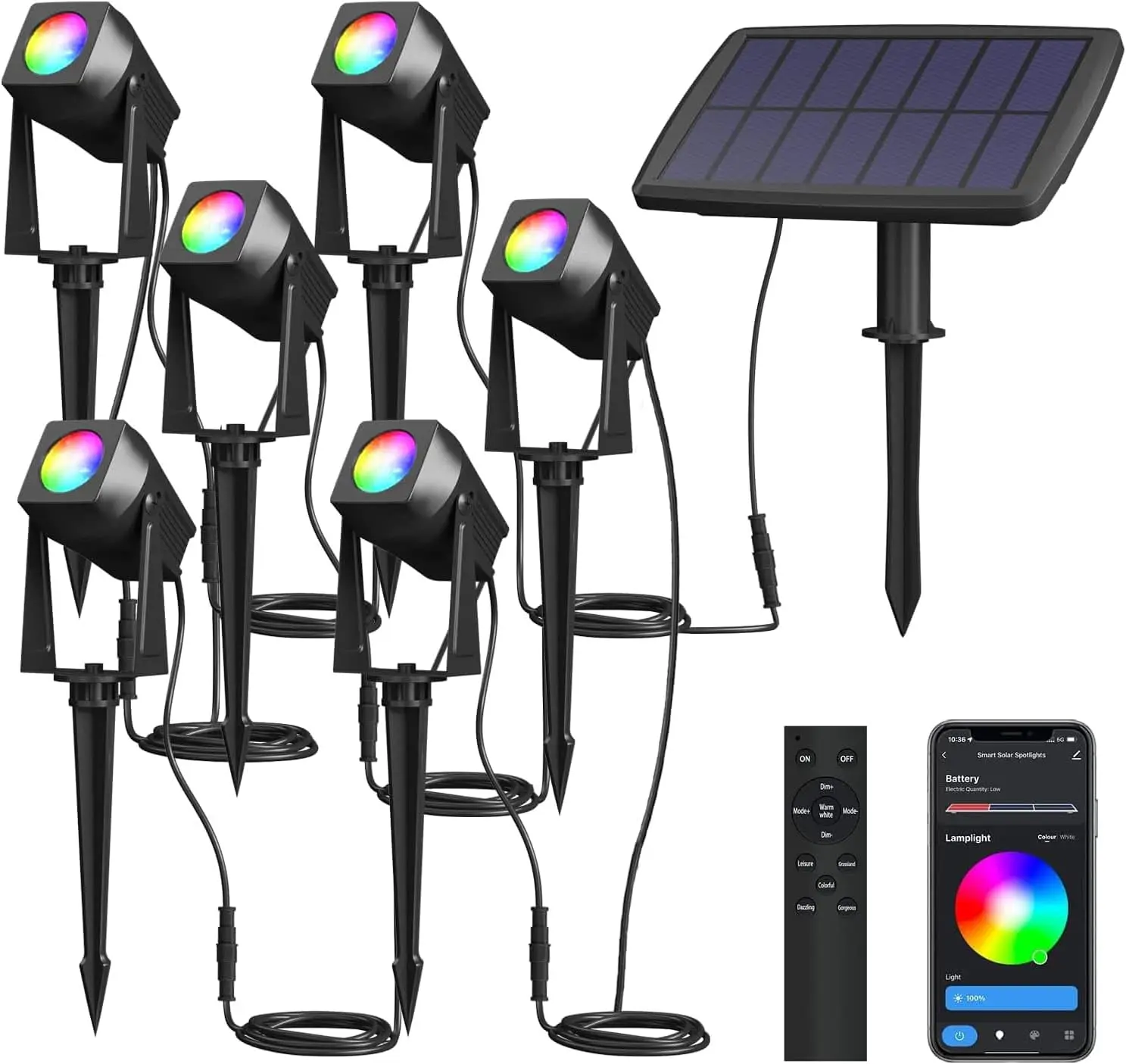 6 Pack Smart Bluetooth Solar Landscape Lights RGBW Spotlights App Control Color Changing Yard Lighting Garden Trees Pathway Deco