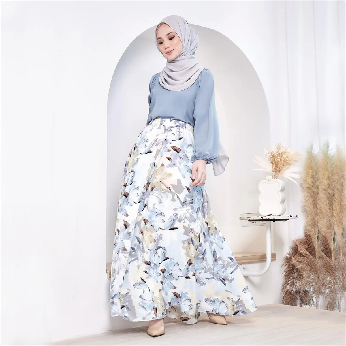 Eid Muslim for Women Party Long Skirt Flower Print Dress Jalabiya Ramadan Morocco Dubai Saudi Arabic Skirts Turkish Islam Modest