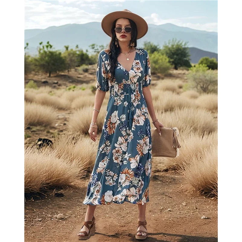 【SEE】レディース夏ルーズボヘミアン流れるラップVネック半袖花柄スリットビーチウェディングゲストロングマキシドレス
