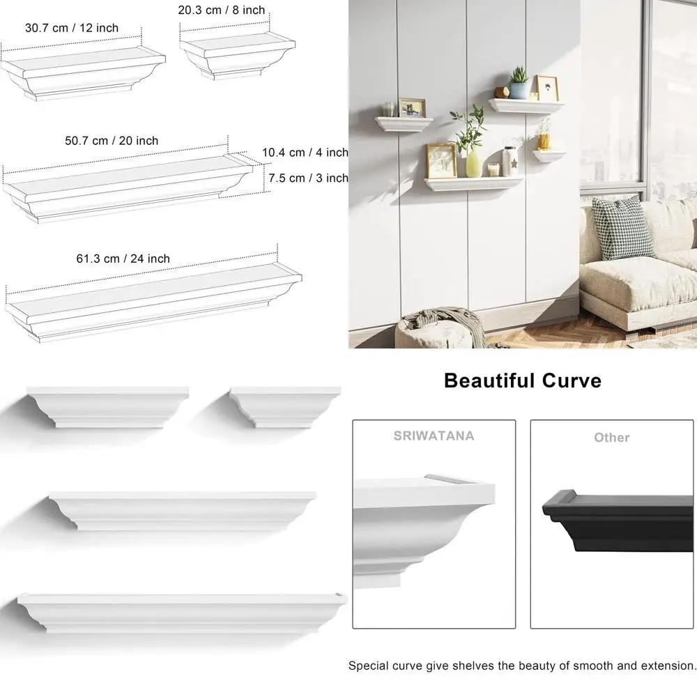 

Set of 4 White 24 Solid Wood Floating Shelves - Storage & Display for Home Decor