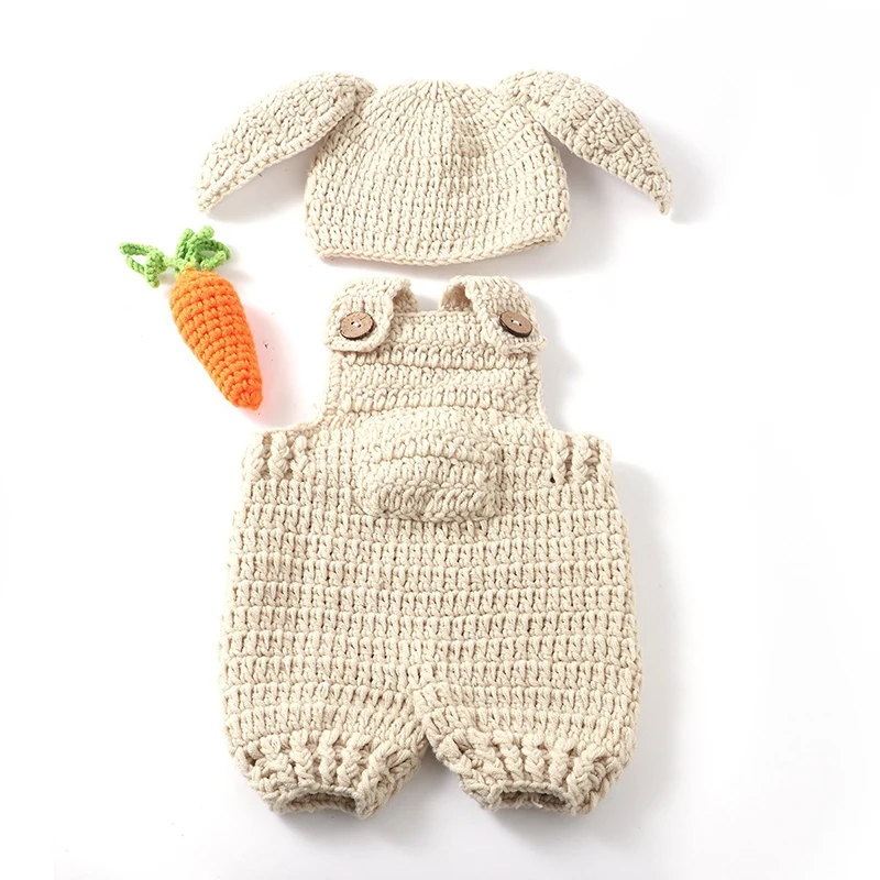 Animal Costumes Newborn Photography Clothes Soft Knitted Rabbit Single Hat Overalls with Carrot Sets Baby Photoshoot Outfits