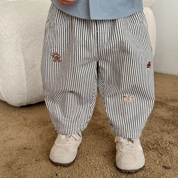 2026 Fall New Toddler Kids Pants Cotton Cartoon Embroidered Harem Pants Baby Boy Casual Striped Denim Baggy Trousers