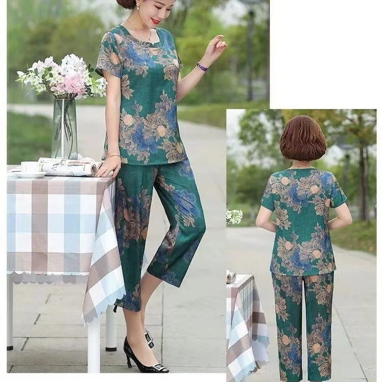 Middle-aged Women Clothing Summer Sets Womens Print Short Sleeve T-shirt and ​Pants Loose Woman Suit