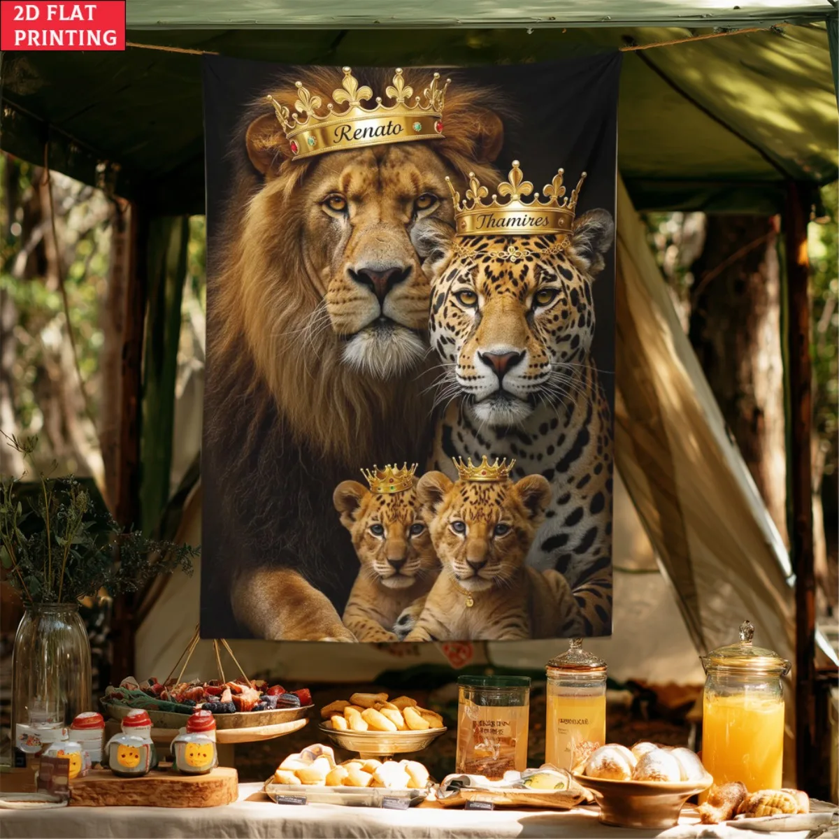 Royal Lion and Leopard Tapestry, King Queen with Cubs Wall Hanging, Wild Animal Aesthetic Room Decor Extra large size