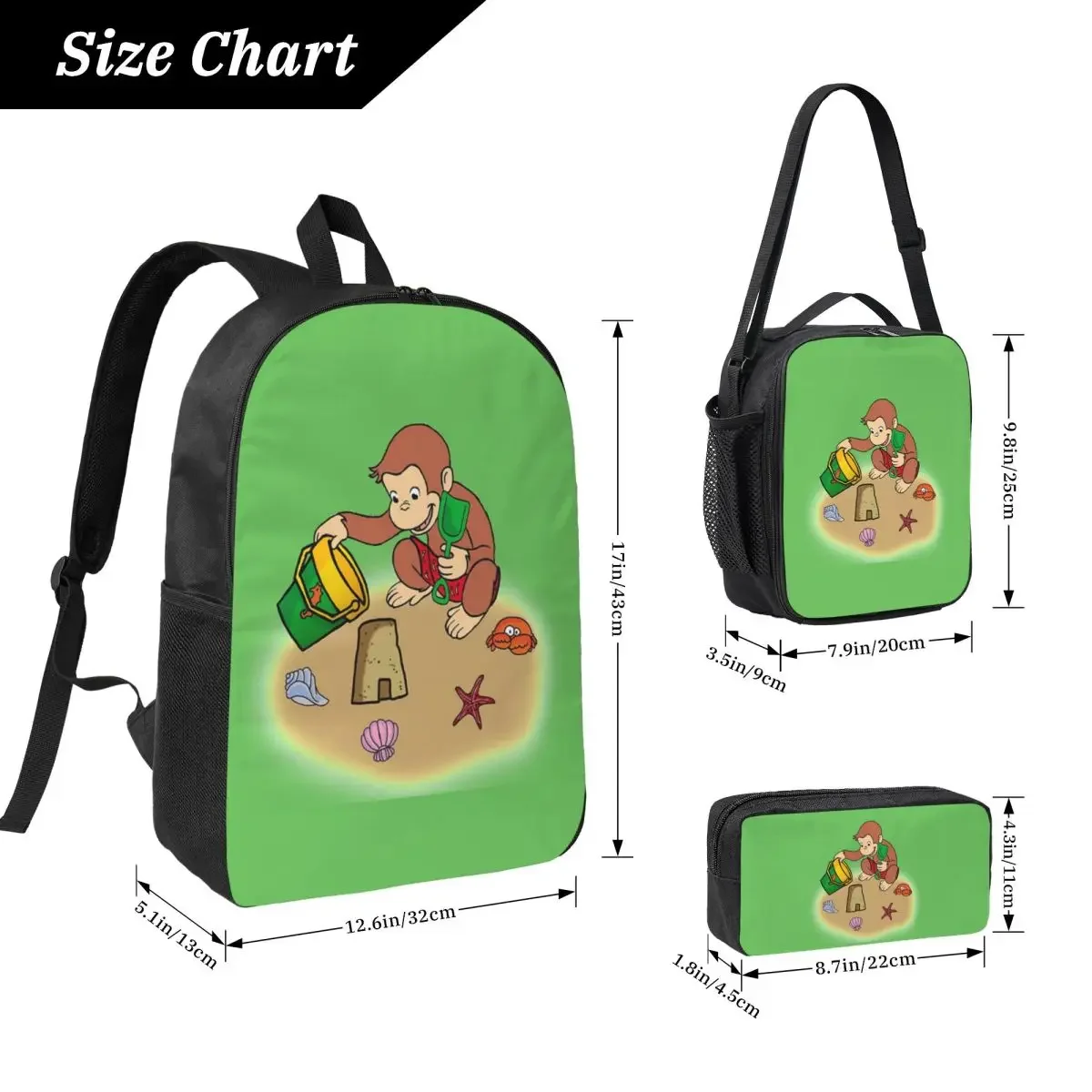 Curious George Summer Backpack Student Boys Girls BookBag School Bag Laptop Shoulder Bags 3ps Insulated Lunch Bag Pencil Case