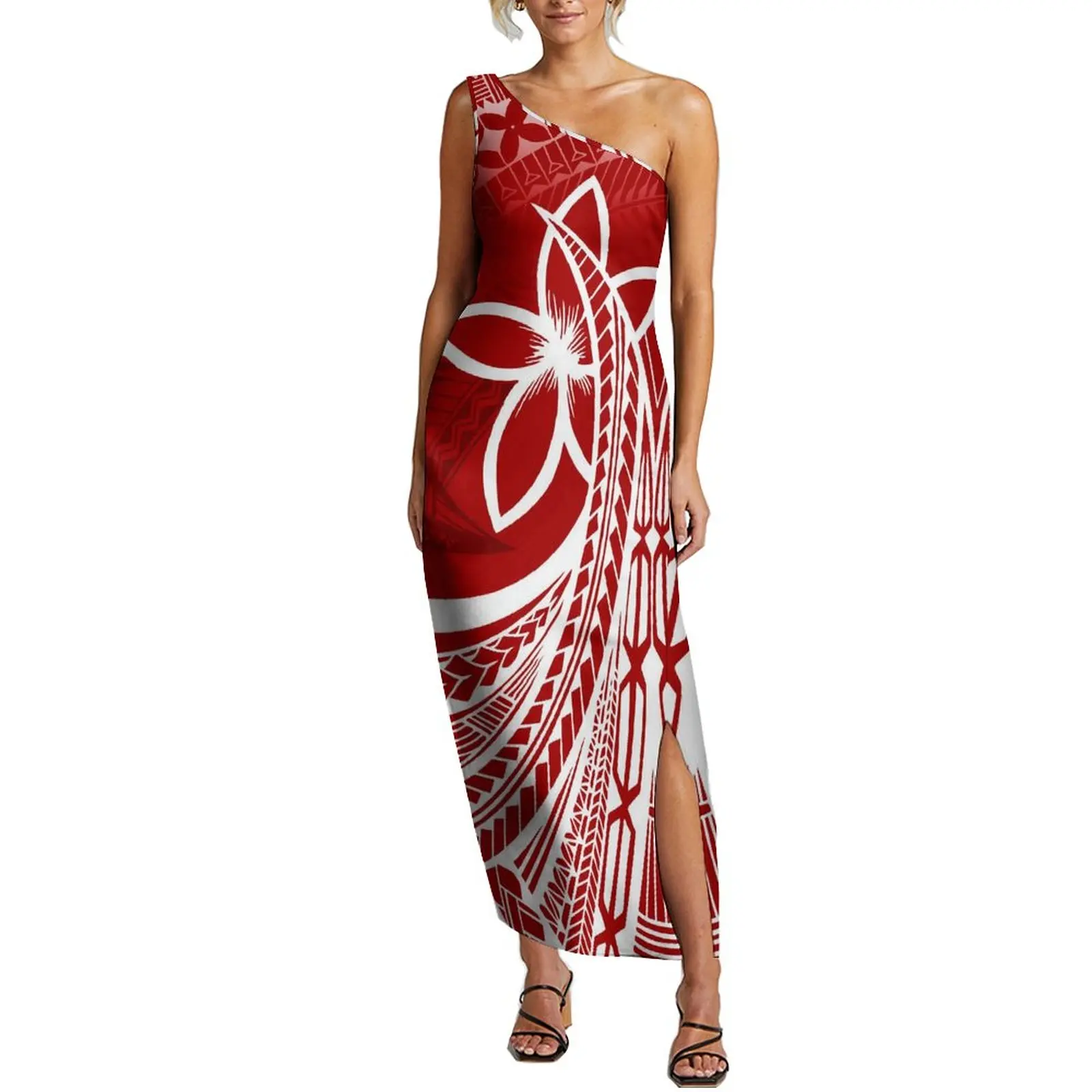 2023 Summer Polynesian Vintage Art Pattern Design New Women's Dress Custom Sleeveless Dress One Shoulder Elegant Slit Maxi Dress