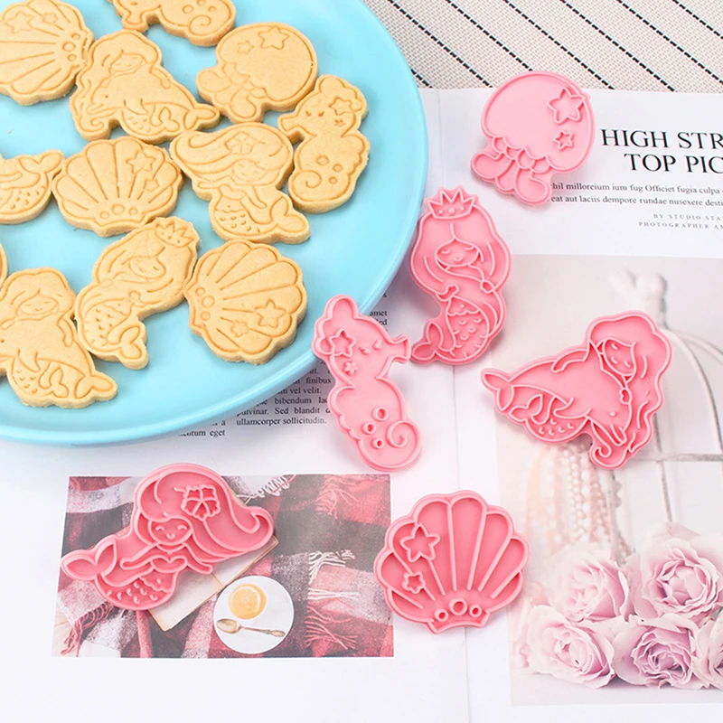 🎊6Pcs/Set Mermaid Shell Seahorse Cookie Mould DIY Plastic Fondant Cake Mold Cartoon Biscuit Cookie Cutters Decorating Tools