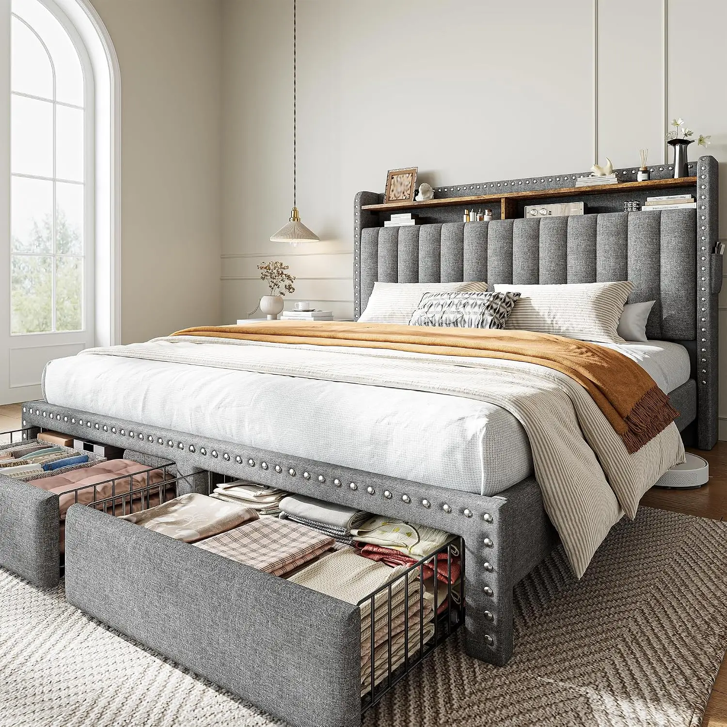 EnHomee Bed Frame Queen Size with 2 Drawer & 2-Tier Storage Headboard Shelf | 2 side pockets, Under-Bed space, Fabric upholstere