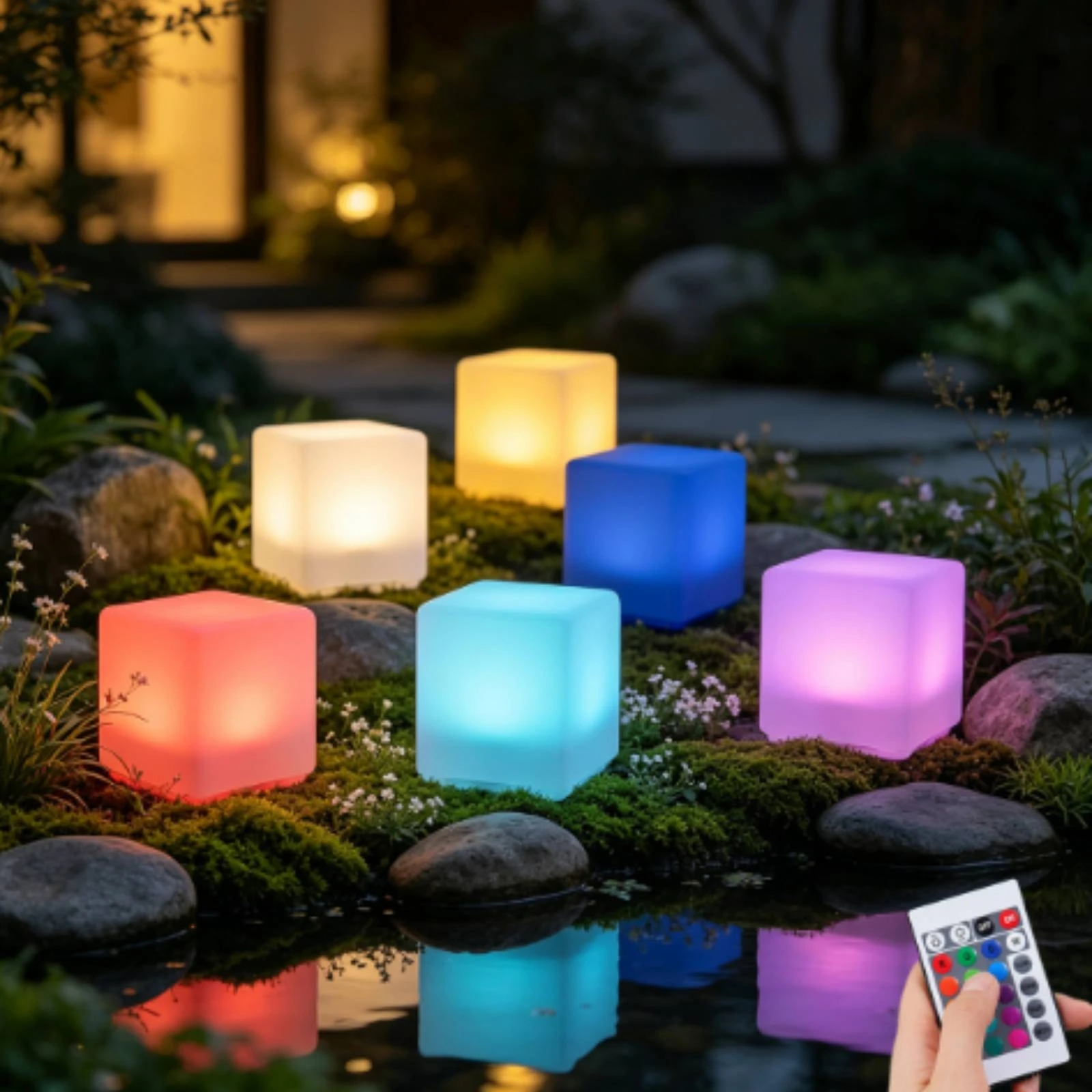 Solar Garden Stake Light Color-Changing Cube Garden Light with Wireless Controller Lamp Outdoor Waterproof for Homeowners, Lawn