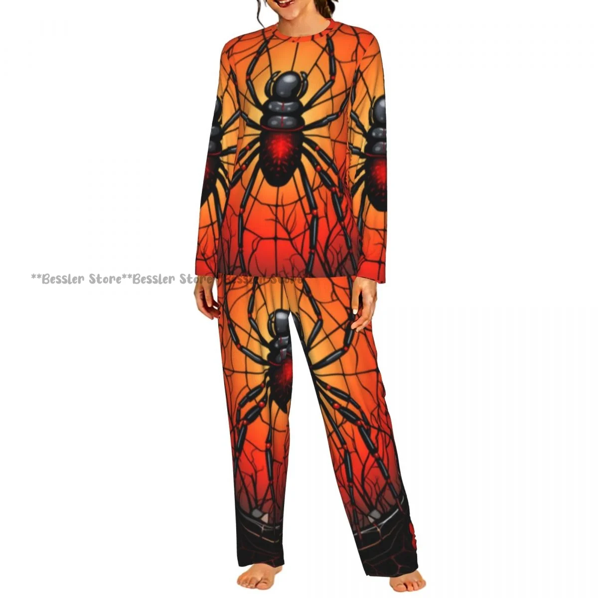 2 Piece Women Round Neck Pajamas Set Long Sleeve Long Pants Spider With Red Eyes Homewear Casual Daily Sleepwear
