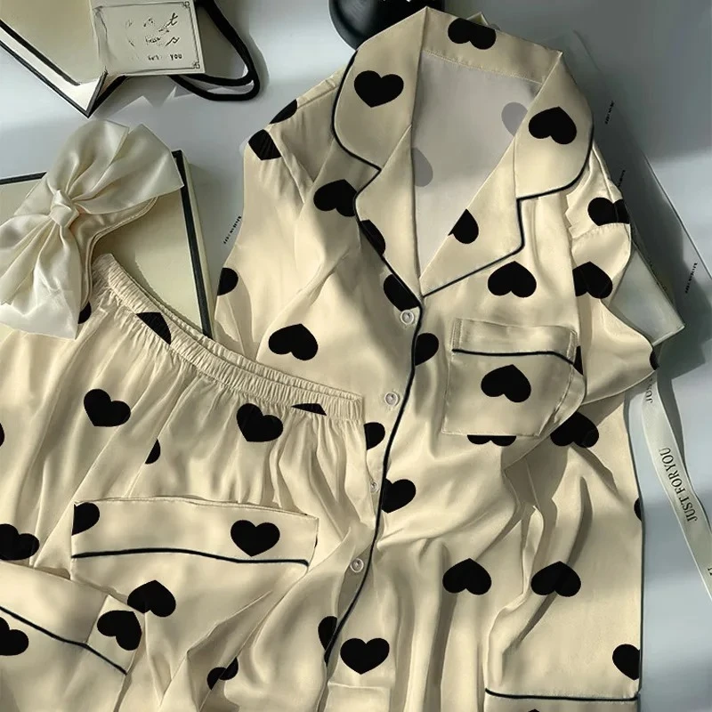

Женская пижама, атласный шелковый топ с длинными рукавами, брюки, пижамная одежда для дома, женский пижамный комплект с принтом «любовь», ледяной шелк, весна-лето, двухсекционный комплект