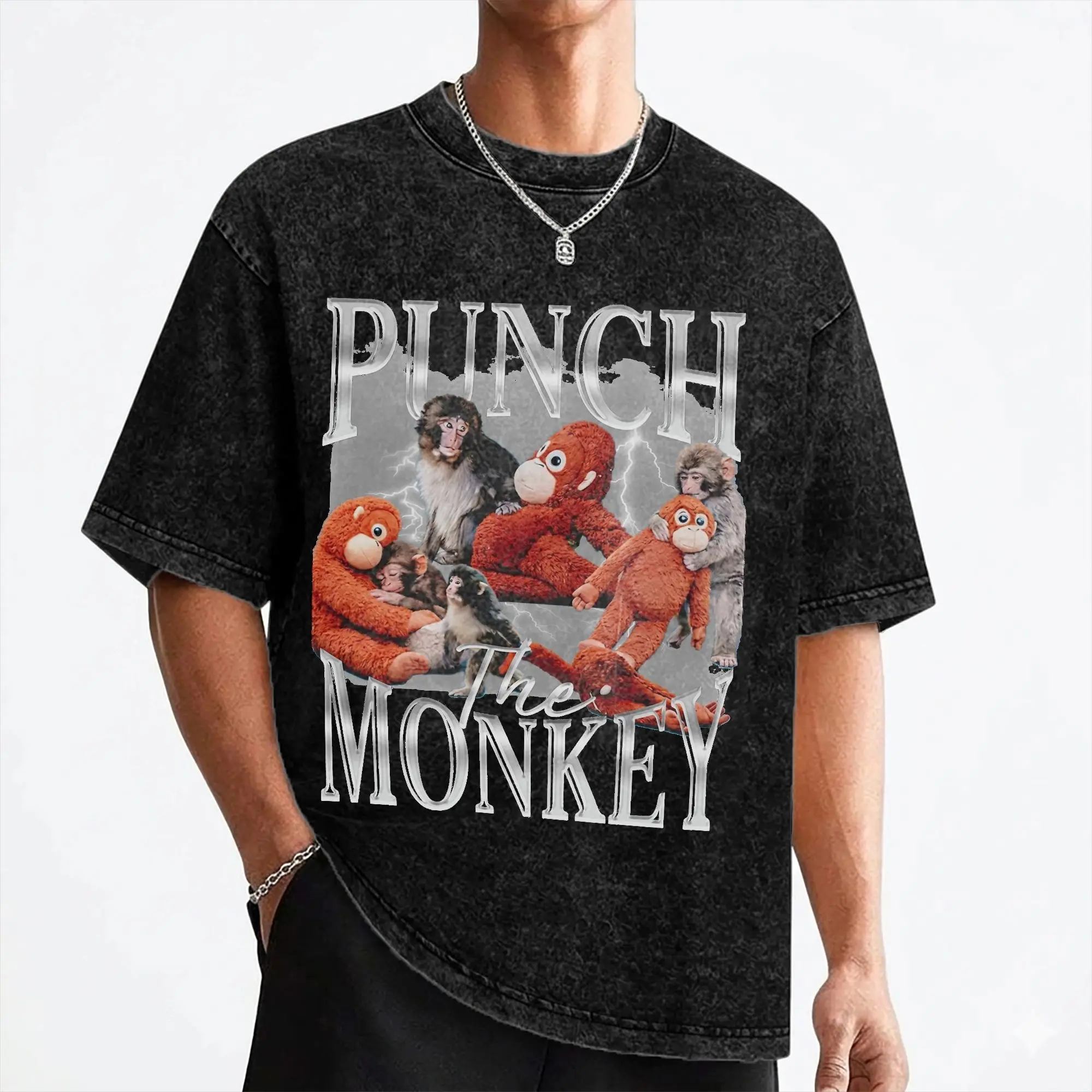 Punch Baby Monkey Holding Plush Toy T Shirt Washed Short Sleeve Harajuku T-Shirts  Vintage Men Women Streetwear Summer Tops Tees