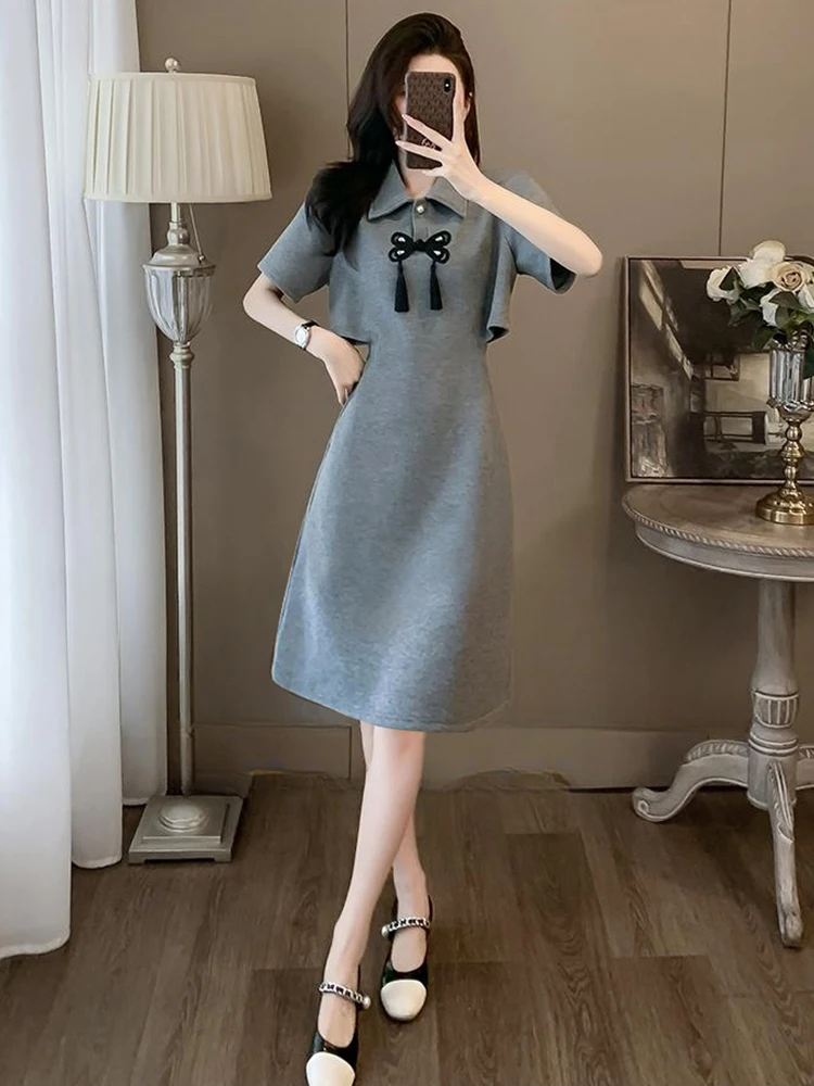 Nouveau chinois Sle rétro bouton Dr dames été nouveau Faionable polyvalent ventre aboiement t-shirt jupe ort Sve coupe ajustée